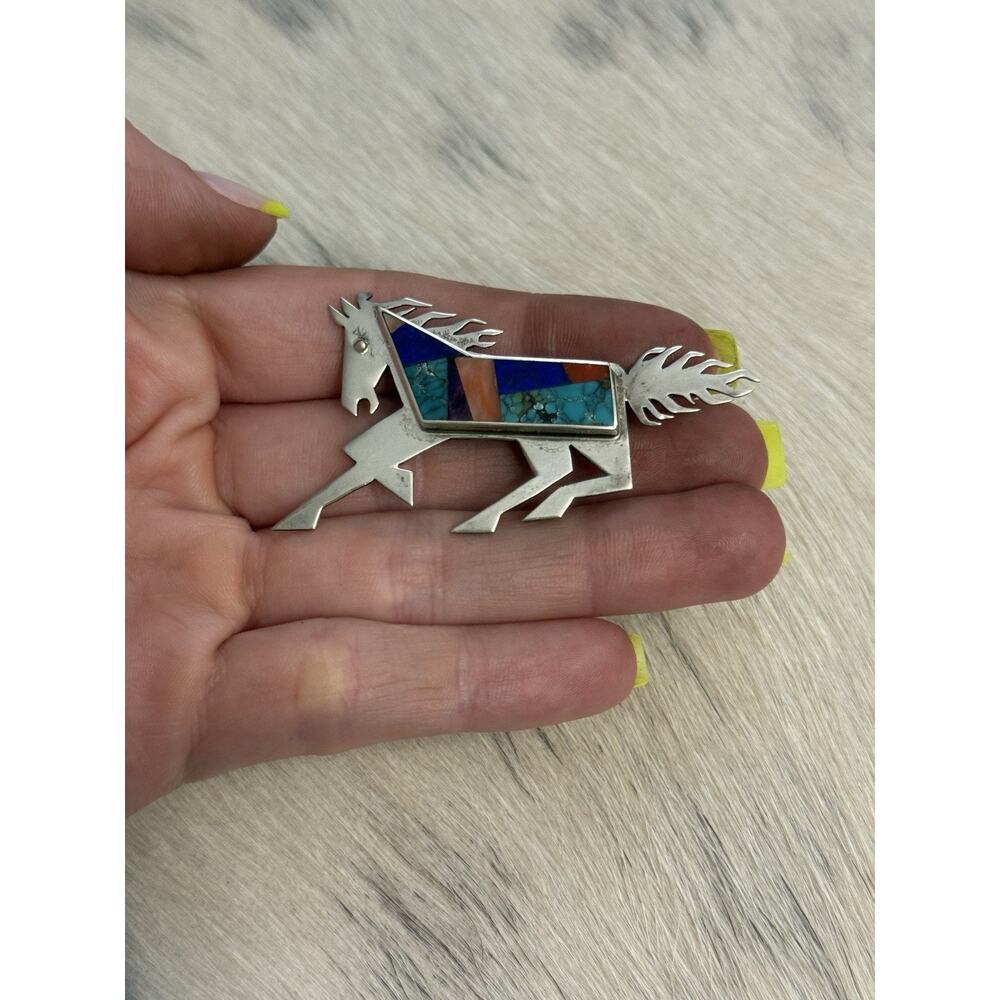 Native American Sterling Silver Inlay Horse Pin Turquoise Coral Robert Vandover - Picture 11 of 15